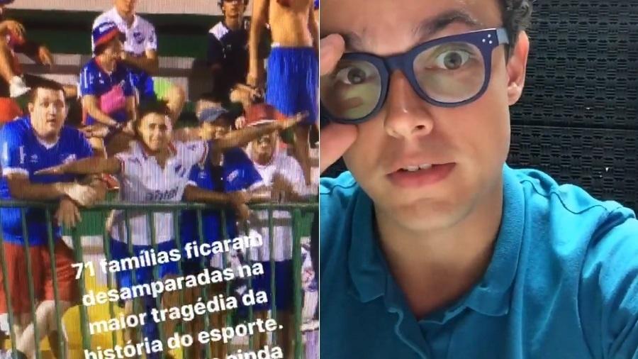 O repórter Pedro Rocha, da Globo, se revoltou com a torcida do Nacional (URU) imitando aviões durante jogo contra a Chapecoense - Montagem/Reprodução/Instagram