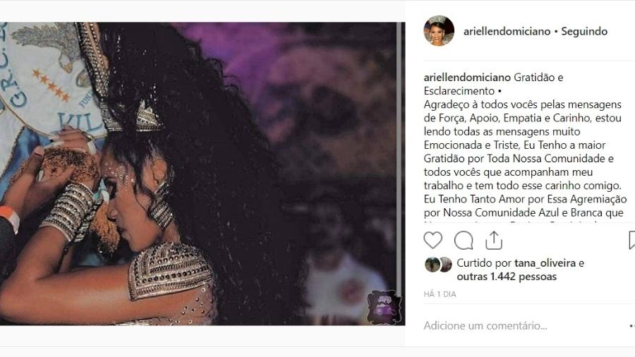 Ariellen Domiciano, ex-rainha da Nenê de Vila Matilde, fez um novos post na internet criticando nota divulgada pela escola - Reprodução/Instagram