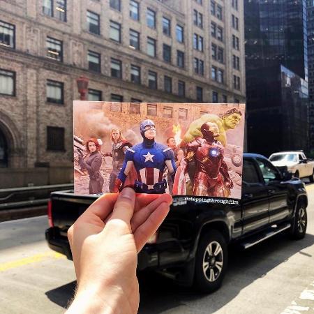 Cena de Vingadores (2012) colocada nas ruas de Nova York em foto - Reprodução/Instagram