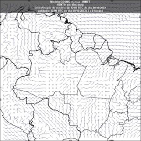 Mapa de movimentação dos ventos do INMET em 29/10/2023: Círculos mostram uma zona de calmaria sobre Manaus