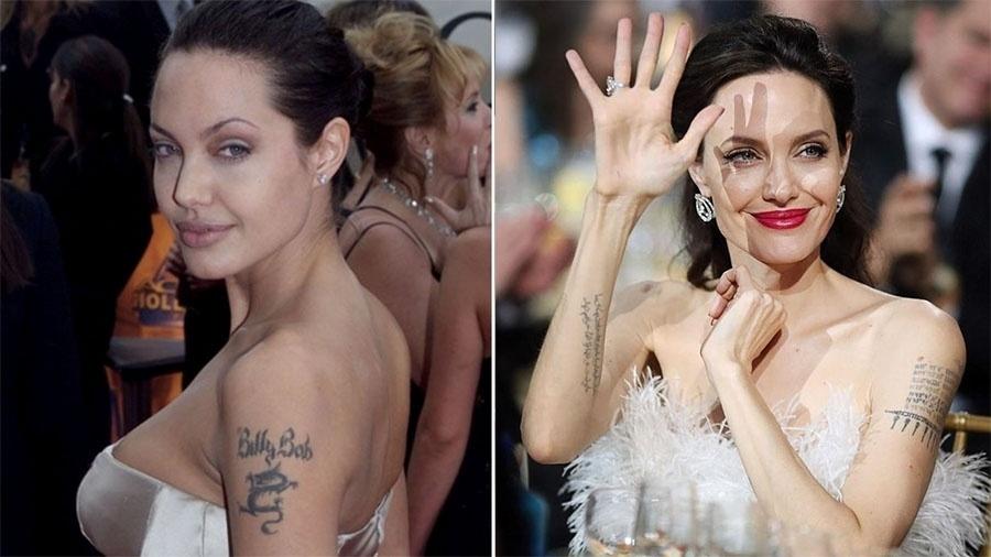 Angelina Jolie fez uma tattoo em homenagem ao ex-marido, Billy Bob Thornton, que vinha acompanhada de um dragão. Quando o relacionamento acabou, Angelina se livrou da imagem. Hoje, no mesmo lugar, ela tem gravadas as coordenadas dos locais de nascimento de seus seis filhos - Reuters e Reprodução/Instagram
