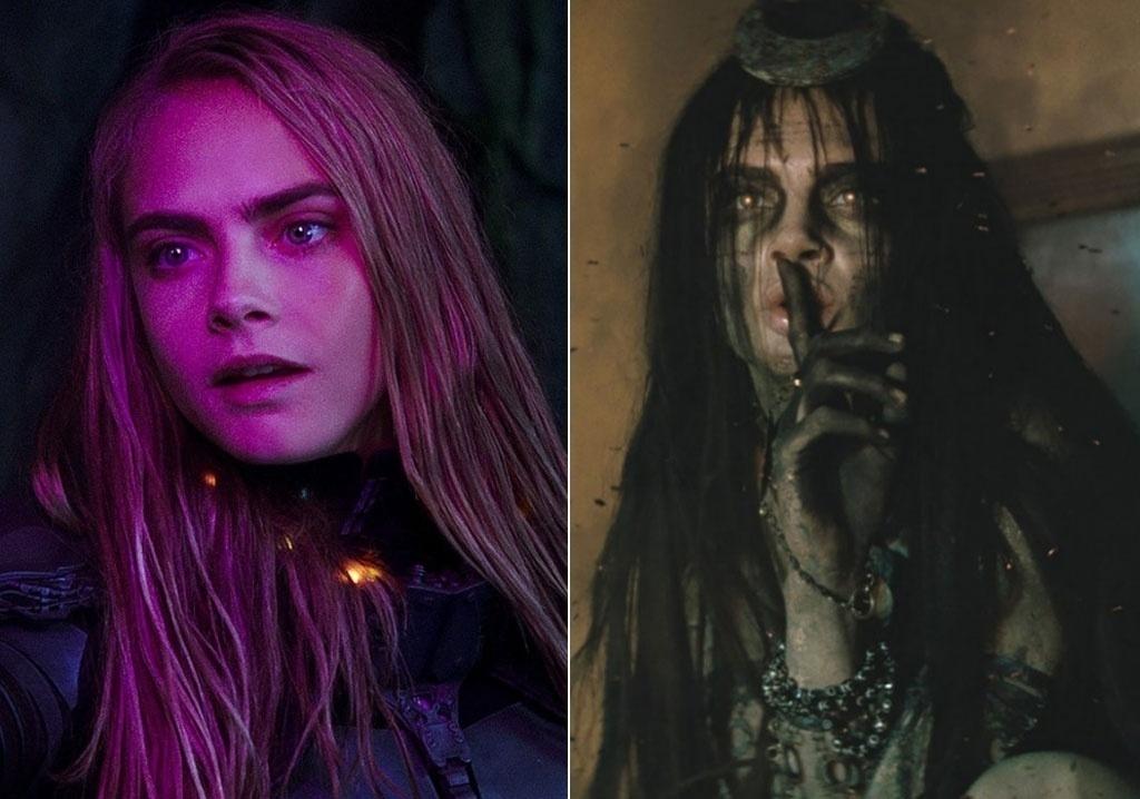 Cara Delevingne em cena nos filmes "Valerian e a Cidade dos Mil Planetas" (2017) e "Esquadrão Suicida" (2016) - Divulgação