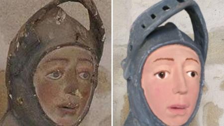 Escultura de São Jorge antes e depois da restauração; objetivo era apenas 'arrumar um espaço que estava sujo' - ARTUS RESTAURACIÓN PATRIMONIO