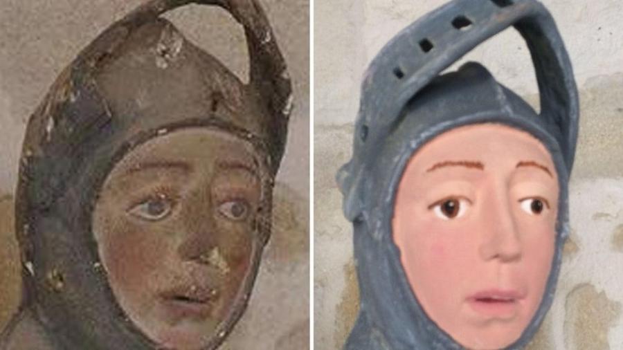 Escultura de São Jorge antes e depois da restauração; objetivo era apenas "arrumar um espaço que estava sujo" - ARTUS RESTAURACIÓN PATRIMONIO