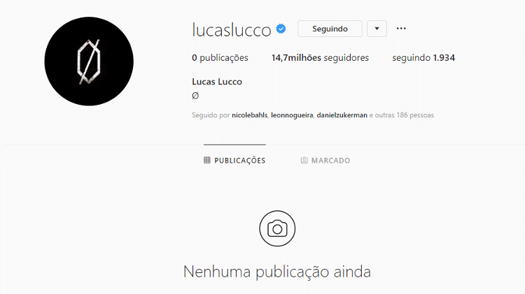 Instagram de Lucas Lucco sem nenhuma publicação - Reprodução/Instagram - Reprodução/Instagram
