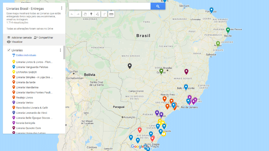 Mapa mostra livrarias que atendem durante quarentena - Reprodução/Google Maps