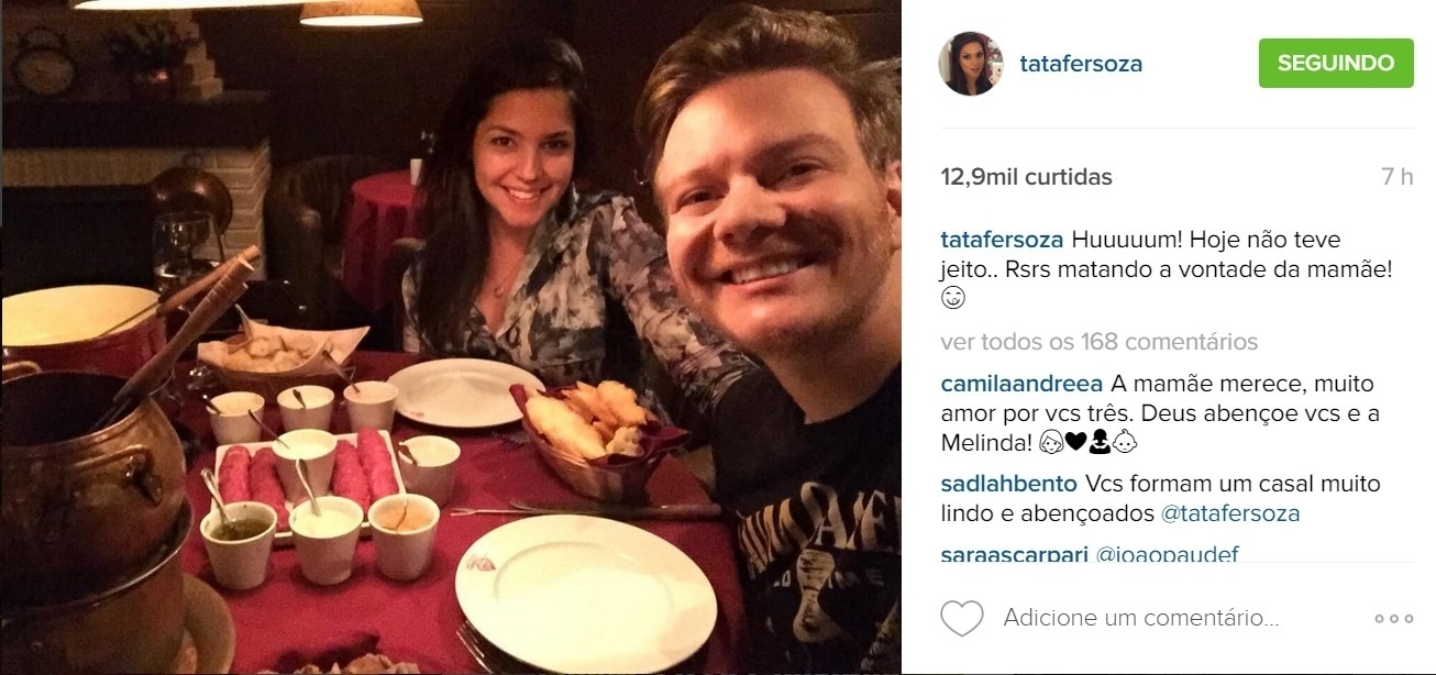 21.mar.2016 - Na noite desta segunda-feira, Thais Fersoza publicou uma foto no Instagram em que aparece jantando ao lado do marido, o sertanejo Michel Teló. "Huuuuum! Hoje não teve jeito.. Rsrs matando a vontade da mamãe!". A atriz confirmouque estava grávida  no dia 17 de fevereiro com um post patrocinado por uma marca de teste de gravidez em seu Instagram - Reprodução /Instagram /tatafersoza
