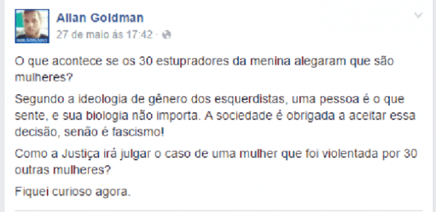 Comentário do desenhista Allan Goldman sobre estupro coletivo - Reprodução/Facebook/Allan Goldman - Reprodução/Facebook/Allan Goldman