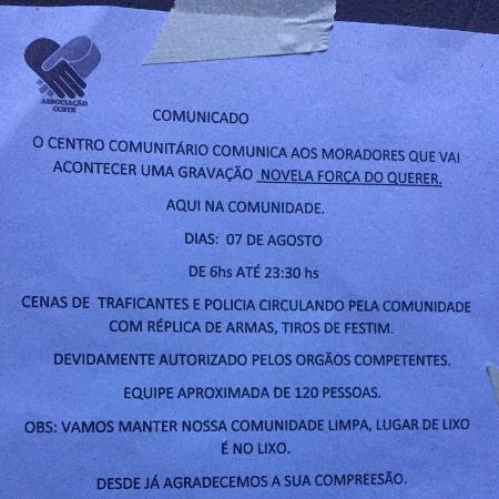 Comunicado de gravação de "A Força do Querer" na comunidade Tavares Bastos, no Rio - Silvia Ribeiro/UOL - Silvia Ribeiro/UOL