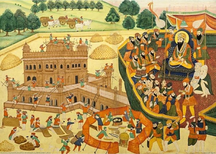 Pintura do guru Arjan observando a construção do Templo Dourado