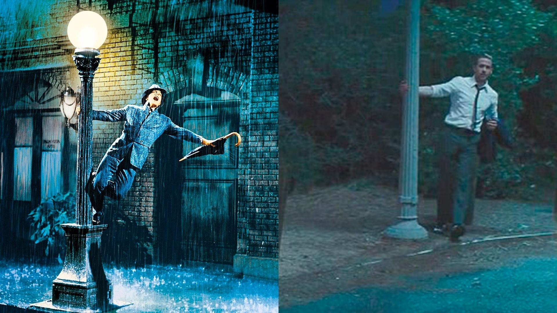 Cena do filme "Cantando na Chuva" (1952), de Stanley Donen e Gene Kelly/ "La La Land: Cantando Estações" (2016), de Damien Chazelle - Reprodução/Montagem