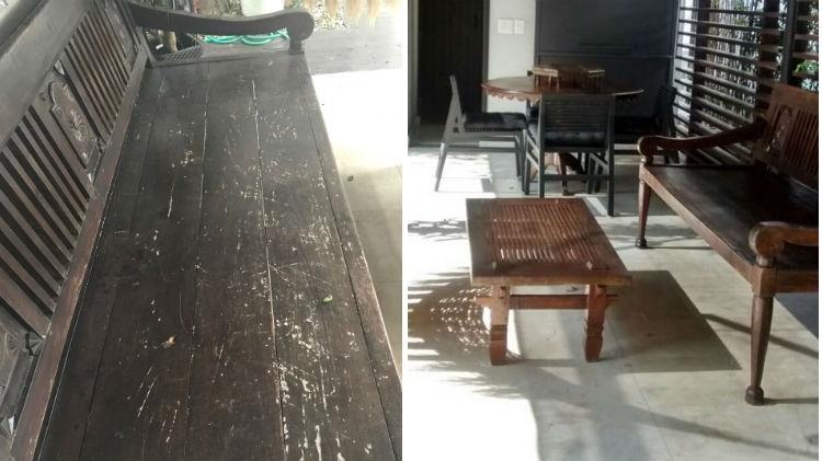Foto à esquerda mostra banco danificado na casa onde Belo mora em SP; à direita, como estava o móvel antes do cantor se mudar para a residência - Arquivo pessoal - Arquivo pessoal