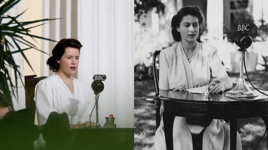Montagem com fotos de Claire Foy no set de The Crown e da rainha Elizabeth em 1947, quando ainda era princesa - reprodução/Twitter e Topical Press Agency/Hulton Archive/Getty Images