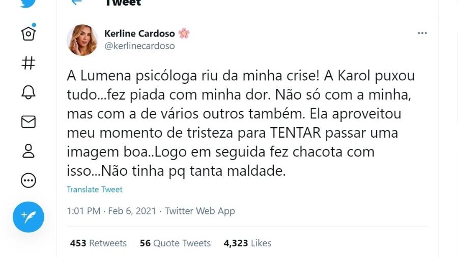 BBB 21: Kerline posta no Twitter - Reprodução/ Globoplay