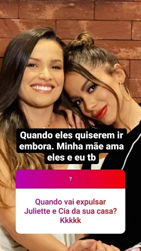 Anitta diz que Juliette e sua mãe são bem-vindas em sua casa - Reprodução/Instagram - Reprodução/Instagram