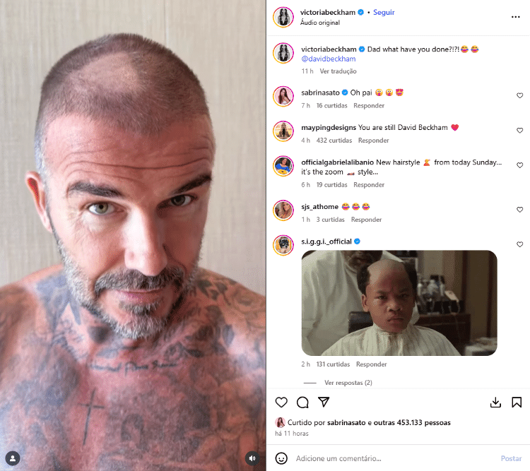 Sabrina Sato comentou no post de Victoria Beckham mostrando a falha no cabelo de David Sabrina Sato comentou no post de Victoria Beckham mostrando a falha no cabelo de David