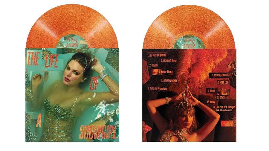 Capa e contracapa de "The Life of a Showgirl", de Taylor Swift, em edição com vinil laranja Capa e contracapa de "The Life of a Showgirl", de Taylor Swift, em edição com vinil laranja