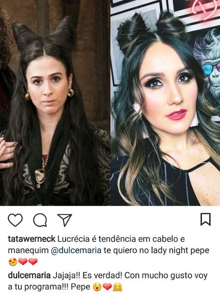 Tatá Werneck diz que Dulce Maria imitou seu penteado em "Deus Salve o Rei" - Reprodução/Instagram/tatawerneck - Reprodução/Instagram/tatawerneck
