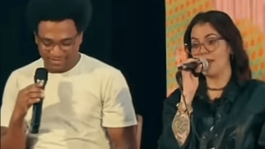 O escritor Wesley Barbosa e Camila Panizzi Luz durante a Flipoços de 2025 O escritor Wesley Barbosa e Camila Panizzi Luz durante a Flipoços de 2025
