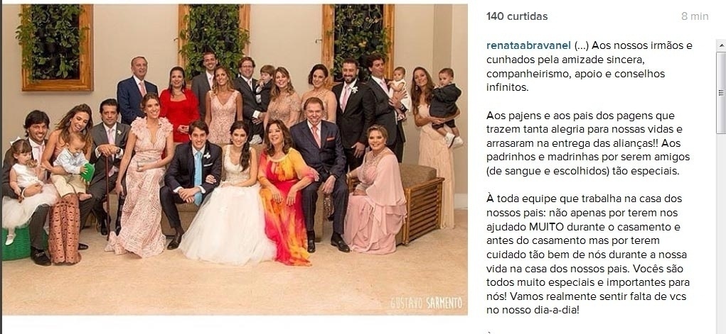 29.set.2015- Silvio Santos aparece sorridente em foto tirada no casamento da filha Renata Abravanel com Caio Curado em São Paulo - Reprodução/Instagram
