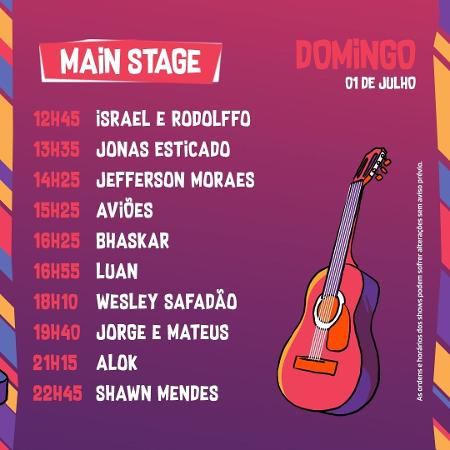 Horários do palco principal do VillaMix Festival Goiânia no domingo - Divulgação - Divulgação