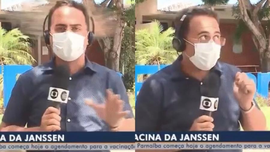 O repórter Tiago Mendes estava ao vivo direto de Parnaíba (PI) no telejornal PITV 1º Edição, quando foi surpreendido pelo gavião - Reprodução/ TV Clube