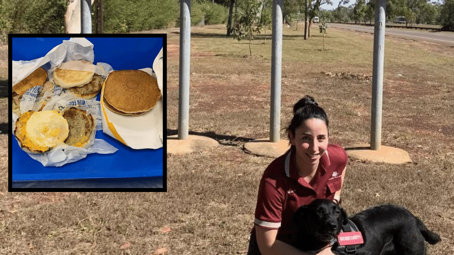 Na foto, a labradora e sua cuidadora e ao lado, os alimentos não reportados na Austrália - Reprodução/Governo da Austrália