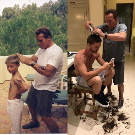 Arnold Schwarzenegger corta o cabelo do filho, Patrick, e recria pose de foto antiga - Reprodução/Instagram/schwarzenegger
