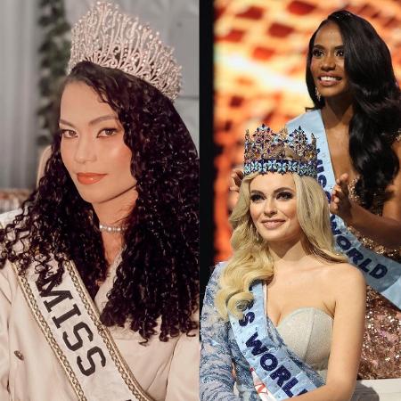 A Miss Acre CNB 2023, Carla Cristina; Karolina Bielawska, Miss Mundo 2022; e Toni-Ann Singh, Miss Mundo 2019