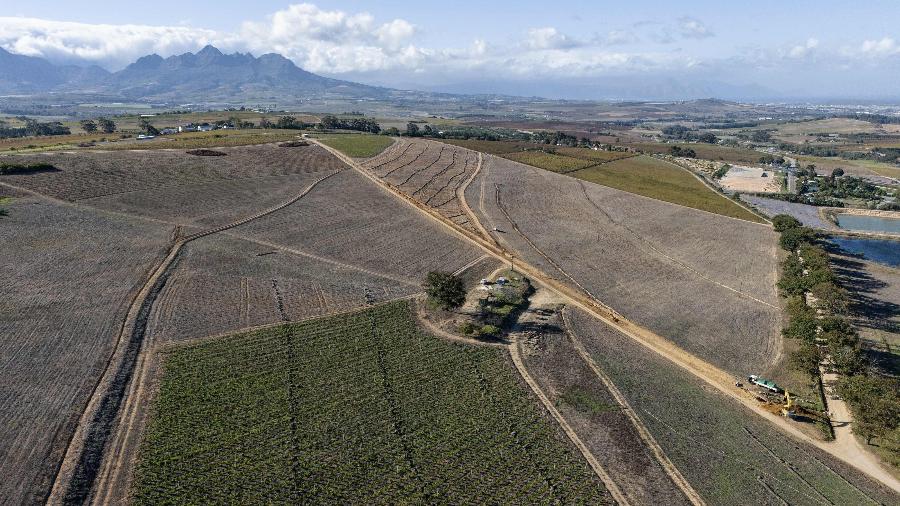 Vinhedos e terrenos onde videiras foram removidas para terra ficar em pousio e ajudar a regenerar o solo na África do Sul, onde produtores de vinho enfrentam os efeitos da mudança climática