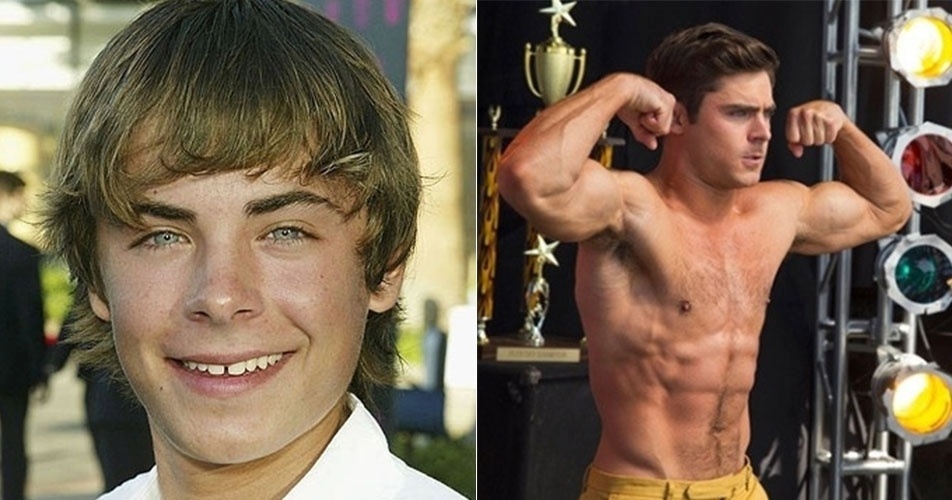 Desde o musical "High Scool Musical", quando surgiu, Zac Efron ganhou corpo e quase não lembra mais o menino franzino de dentes separados e franja na altura das sobrancelhas. Aos 28 anos, o ator aparece na imagem à esquerda em cena do filme "Tirando o Atraso" (2016) - Reprodução/Divulgação