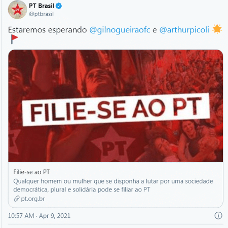 BBB 21: PT faz post após papo de Gil e Arthur no reality da Globo - Reprodução - Reprodução