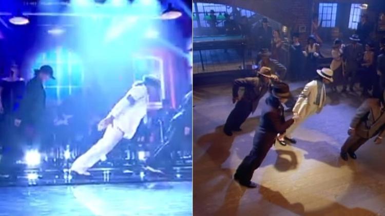 Ícaro Silva no "Show dos Famosos" e Michael Jackson no clipe original de "Smooth Criminal" - Reprodução/Globo e Reprodução/YouTube - Reprodução/Globo e Reprodução/YouTube