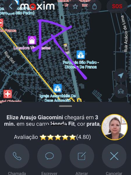 Reprodução de tela de celular mostra Elize como motorista do aplicativo de transporte Maxim em Franca (SP) - Reprodução / Ullisses Campbell