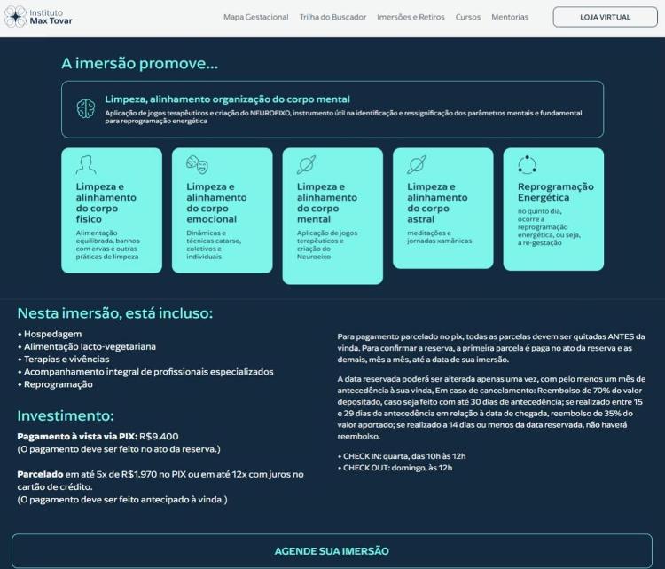 Site do Instituto Max Tovar detalha como é a imersão/retiro espiritual e o valor cobrado