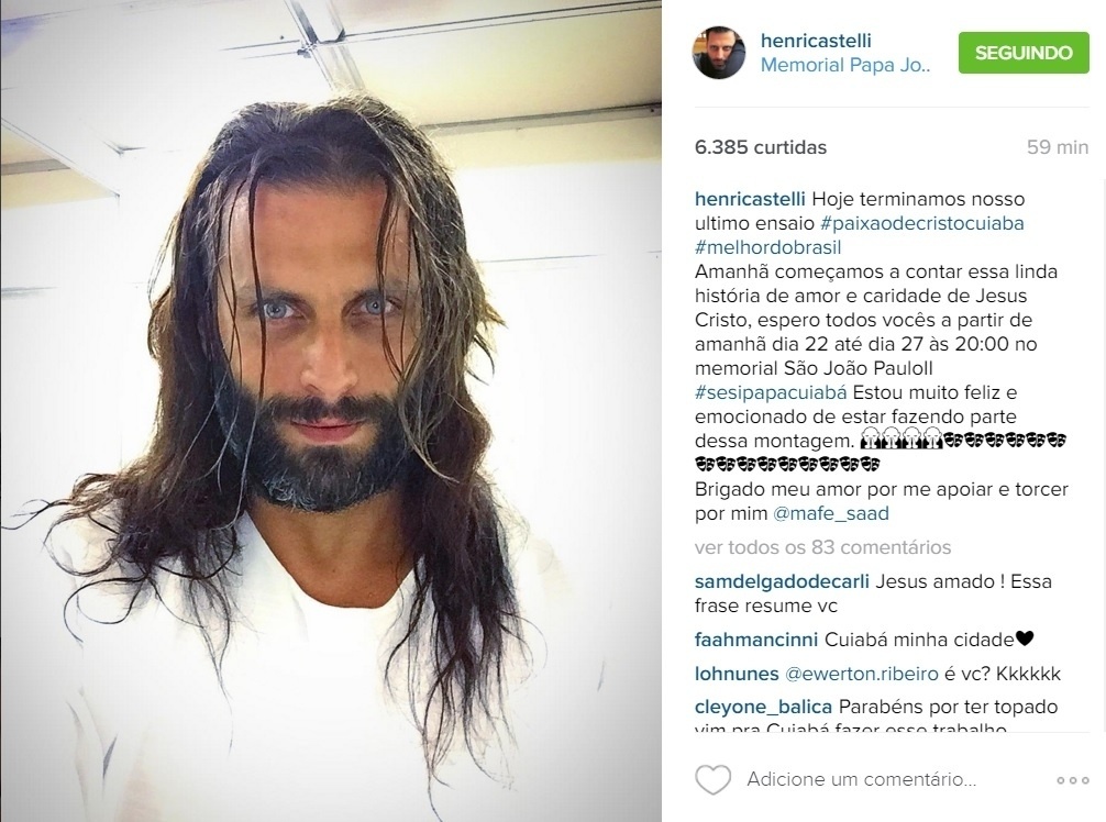 22.fev.2016 - Na madrugada desta terça-feira, Henri Castelli postou uma foto no Instagram em que aparece caracterizado como Jesus Cristo. "Estou muito feliz e emocionado de estar fazendo parte dessa montagem", escreveu o ator na legenda da imagem, Castelli será o protagonista do Auto da Paixão de Cristo, que acontece em Cuiabá até o próximo domingo (27), Páscoa - Reprodução /Instagram /henricastelli