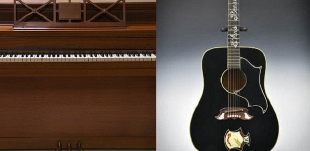 Piano de Lady Gaga e violão de Elvis, que serão leiloados nos Estados Unidos - Getty/Divulgação/Montagem