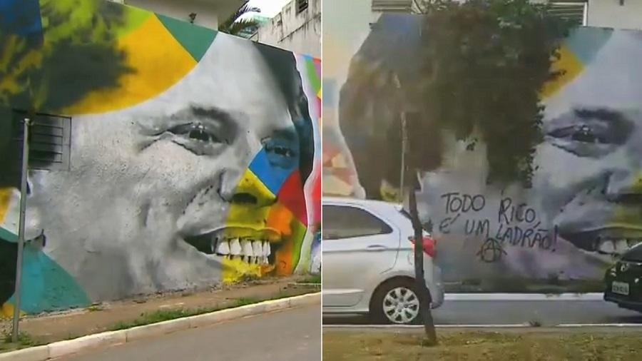 Mural em homenagem a Silvio Santos antes e depois de ser pichado - Montagem/UOL/Reprodução/SBT/Instagram