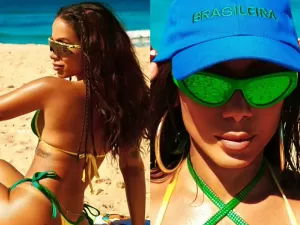 Anitta posa de biquíni em praia do Rio de Janeiro e exibe corpo bronzeado