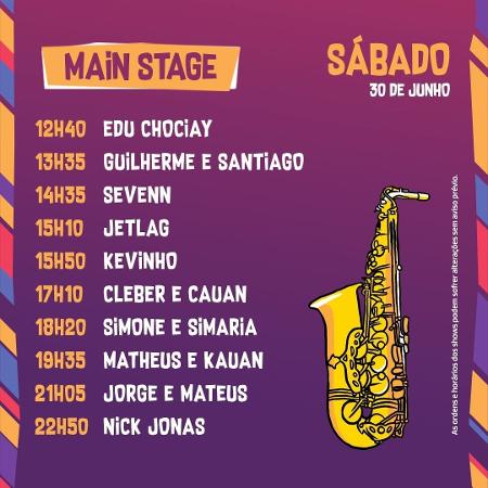 Horários dos show do palco principal do VillaMix Festival Goiânia no sábado - Divulgação - Divulgação