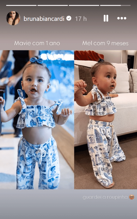 Bruna Biancardi reaproveita roupa de Mavie e coloca na filha caçula, Mel