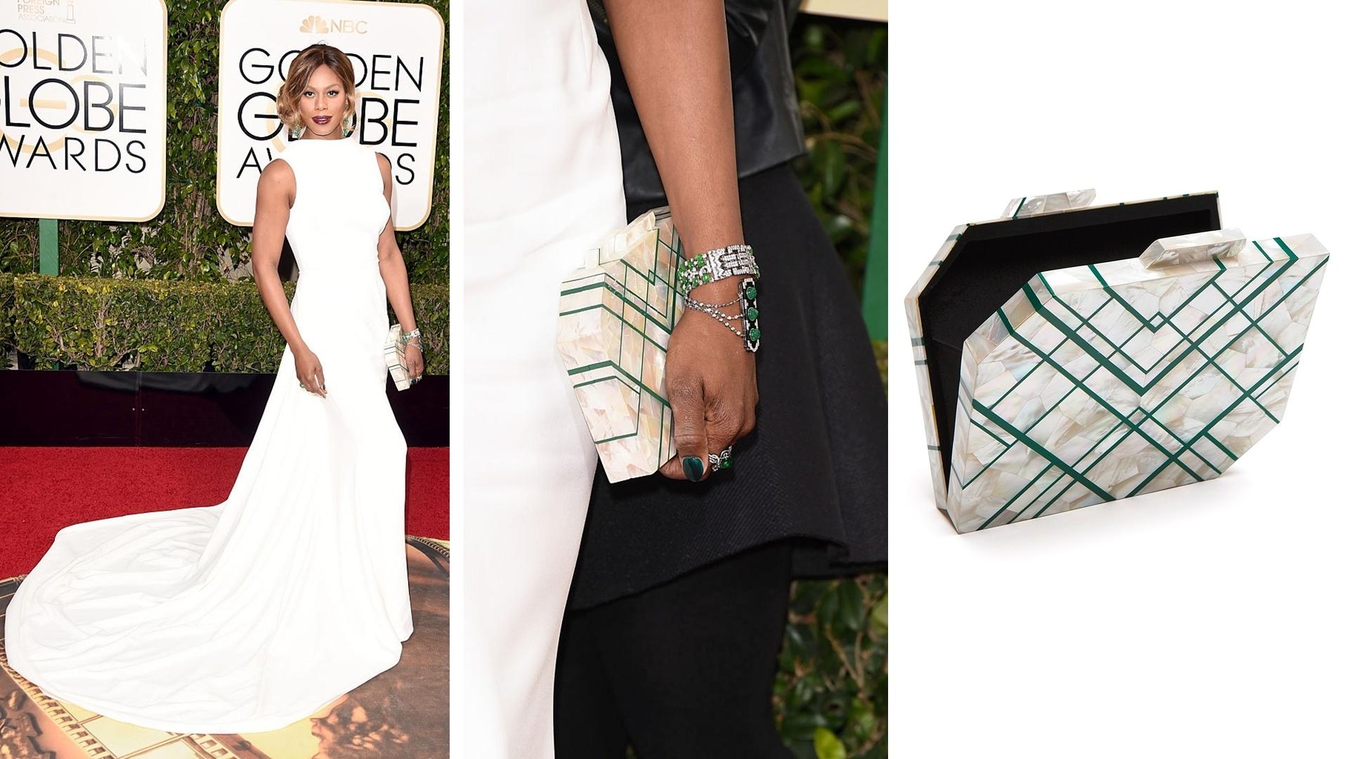 A atriz Laverne Cox, da série "Orange Is the New Black" usou uma clutch de resina e madrepérola no tapete vermelho do Globo de Ouro. A peça da designer Nathalie Trad (www.nathalietrad.com) custa US$ 1.332, o equivalente a R$ 4.453 (cotação do dia 20.dez.2016) - Getty Images/ Divulgação/ Montagem UOL