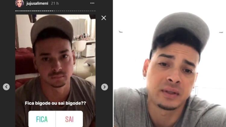 Felipe Franco, antes, na campanha feita por Juju Salimeni, e depois, já sem o bigode - Reproodução/Instagram - Reproodução/Instagram