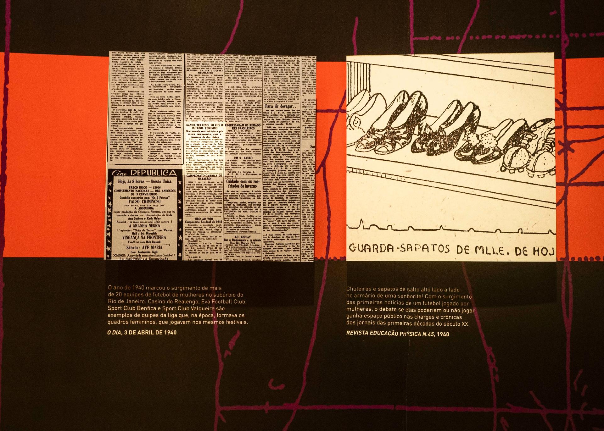 A primeira etapa da exposição reúne recortes de jornais antigos que mostram a pressão que já havia para que as mulheres fossem vetadas no esporte - Veronica Cowie/UOL