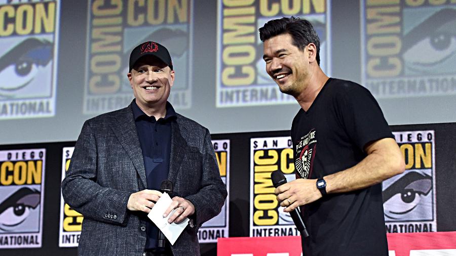 20.jul.2019 - Destin Daniel Cretton, diretor de "Shang-Chi", à direita, com Kevin Feige - Getty Images