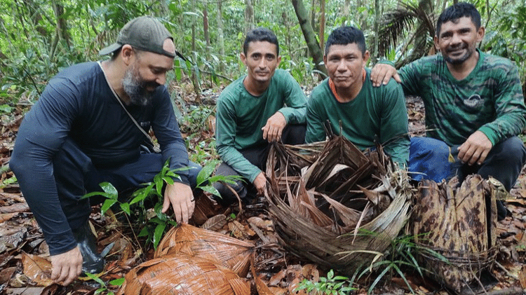 Agentes indígenas encontraram artefatos deixados na mata pelos indígenas isolados de Mamoriá Grande, como cestarias e um pilão Agentes indígenas encontraram artefatos deixados na mata pelos indígenas isolados de Mamoriá Grande, como cestarias e um pilão