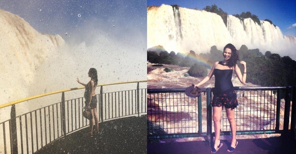 01.mar.2016 - Grávida de seu primeiro filho, Taina Müller posou com seu barrigão nas cataratas de Foz do Iguaçu, no Paraná. Nas fotos, a atriz aparece molhada com os respingos da queda. "Eu & Martin, somewhere over the rainbow (em algum lugar além do arco-íris)", disse contando no nome do baby. A atriz é casada com um dos diretores de "A Regra do Jogo" Henrique Sauer - Reprodução/Instagram tainamuller