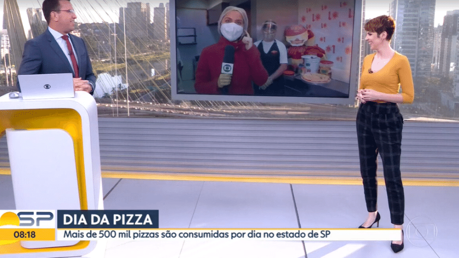 A repórter Luiza Vaz levou uma "bronca" de Rodrigo Bocardi ao falar de colocar ketchup na pizza - Reprodução/TV Globo
