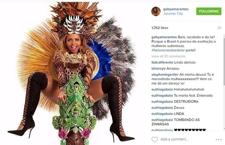 "Bela, recatada e do lar. Porque o Brasil não precisa de exaltação a mulheres submissas", escreveu Gaby Amarantos ao aderir ao movimento "Bela, Recatada e do Lar", que ironiza a reportagem da revista "Veja" sobre o perfil de Marcela Temer, mulher do vice-presidente Michel Temer - Reprodução/Instagram