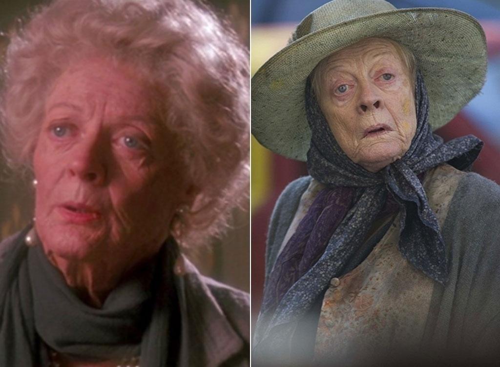 À esquerda, Maggie Smith em cena no filme "Hook - A Volta do Capitão Gancho" (1991). À direita, Maggie Smith em cena em "A Senhora da Van" (2015) - Divulgação
